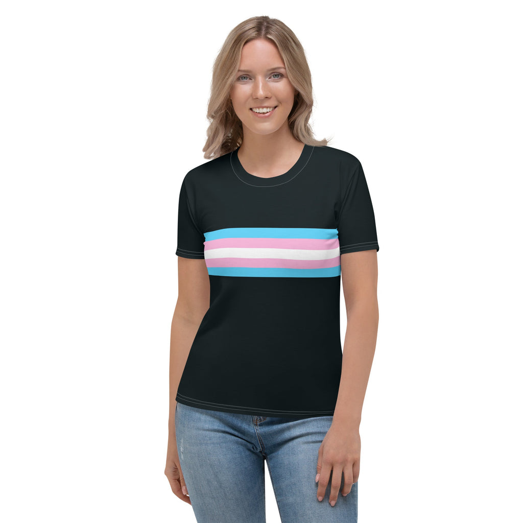 A woman wearing a midnight blue fitted t-shirt with a trans pride flag around the middle of the shirt