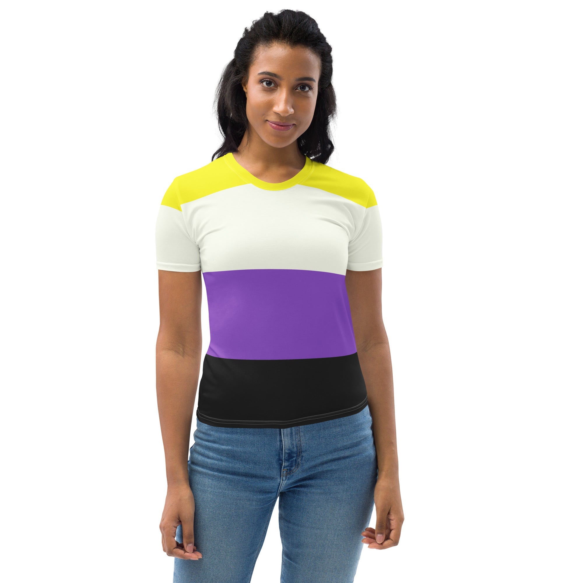 A person in a Non Binary Pride Flag fitted t-shirt