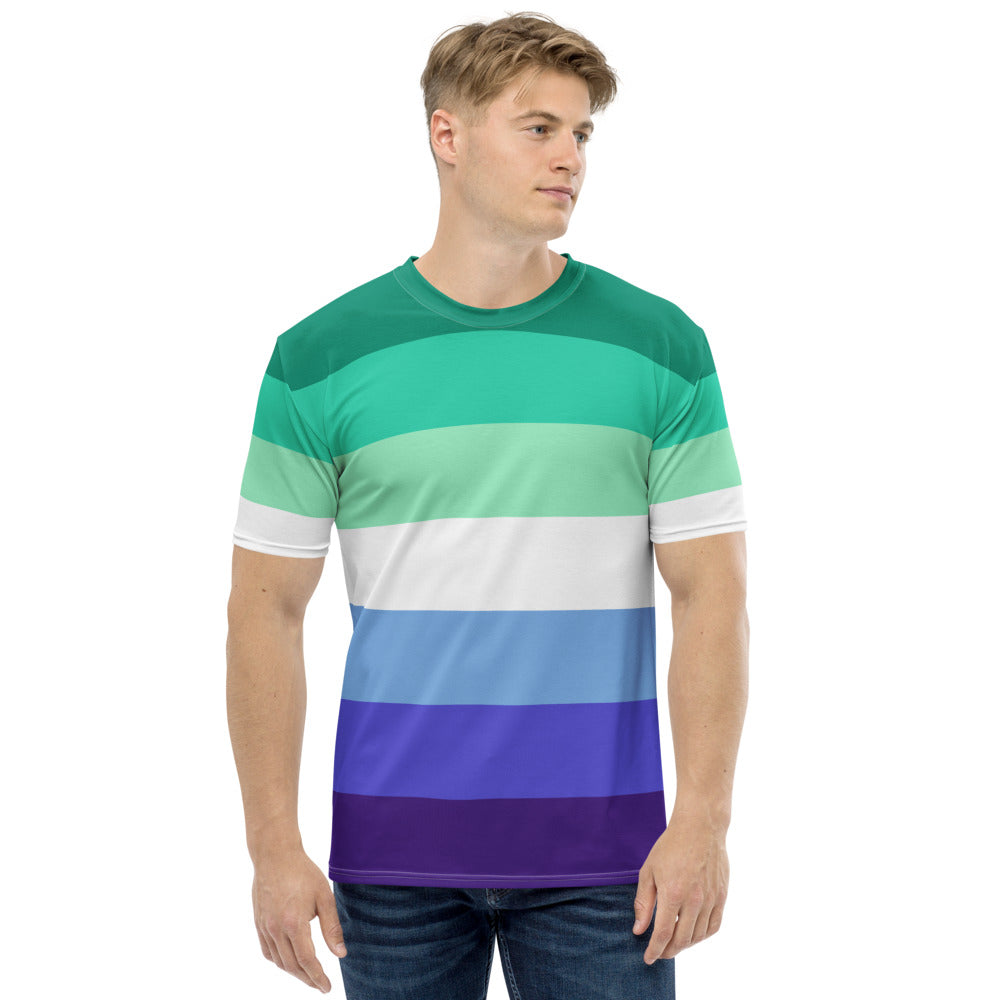 A man wearing a Gay Men's 7 Stripe Pride Flag T-shirt  by The Rainbow Stores