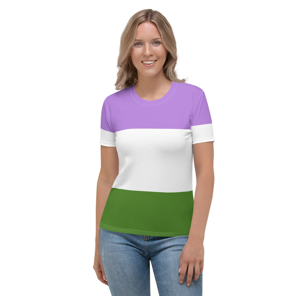 A person wearing a Genderqueer Pride Flag Fitted T-Shirt  The Rainbow Stores