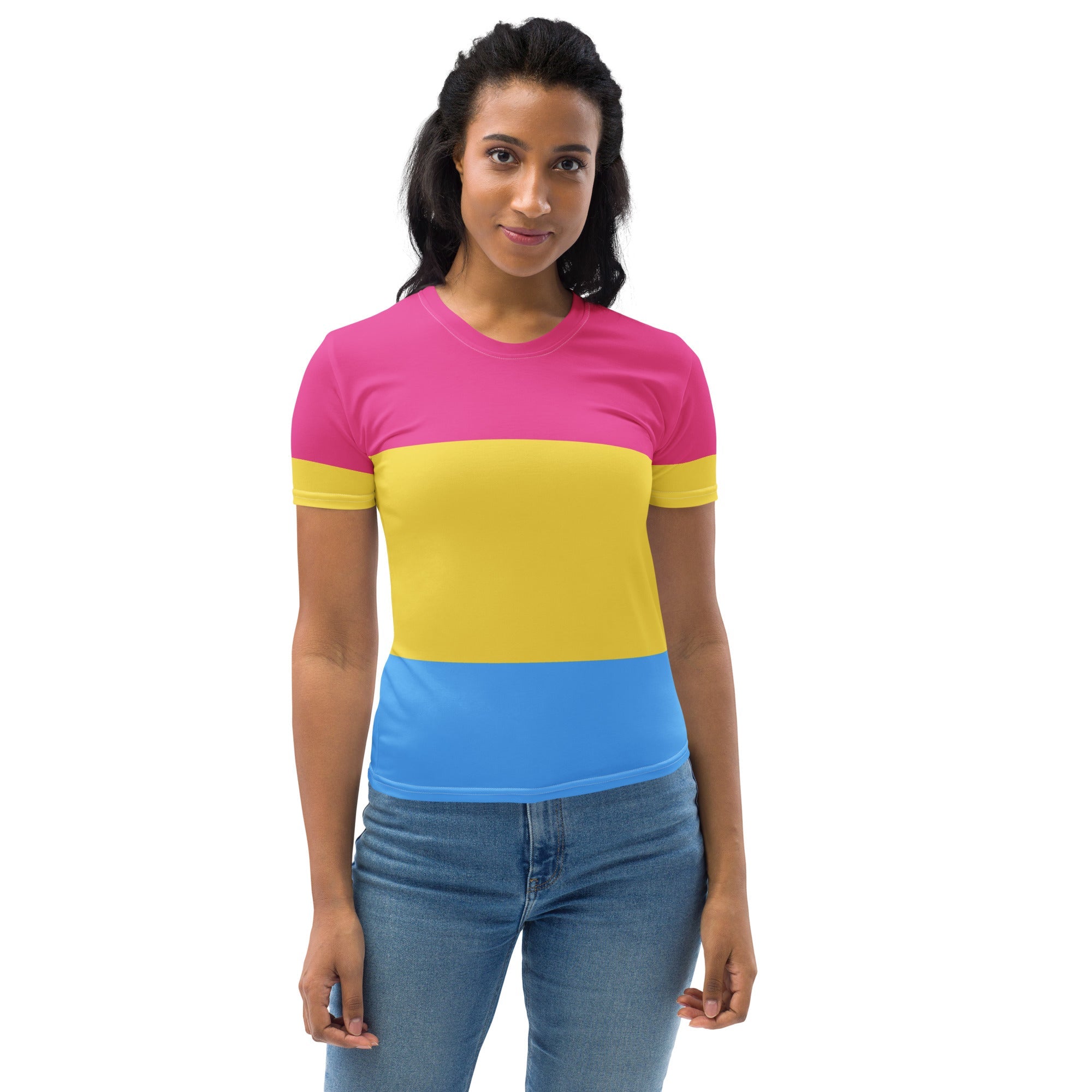 a woman wearing a Pansexual Pride Flag fitted T-Shirt by The Rainbow Stores